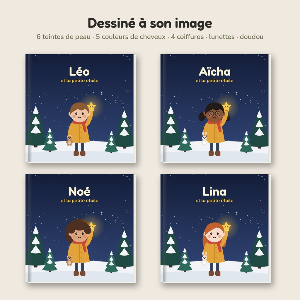 L'enfant dessiné à son image : peau, cheveux, coiffure, lunettes et doudou au choix