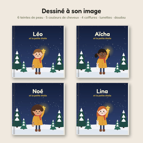 L'enfant dessiné à son image : peau, cheveux, coiffure, lunettes et doudou au choix