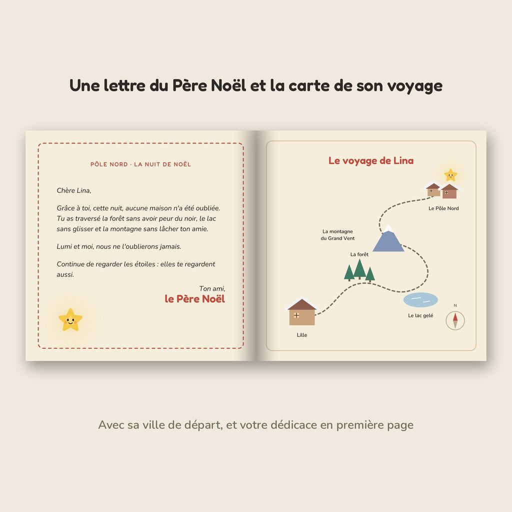 La lettre du Père Noël à son prénom et la carte de son voyage