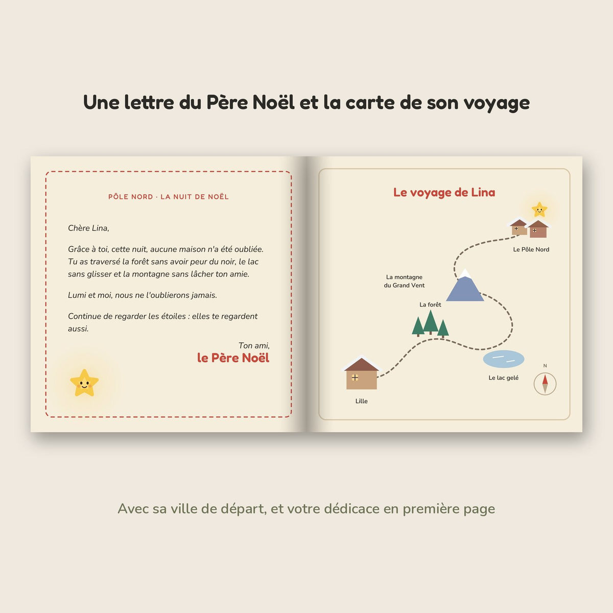 La lettre du Père Noël à son prénom et la carte de son voyage